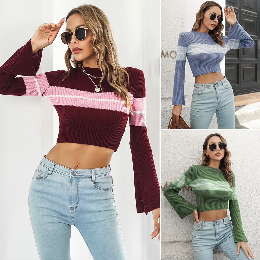 Women's striped color contrast short sweater Women's autumn and winter long sleeved sweater Women's fashion casual sweater
Women's striped color contrast short sweater Women's autumn and winter long sleeved sweater Women's fashion casual sweater