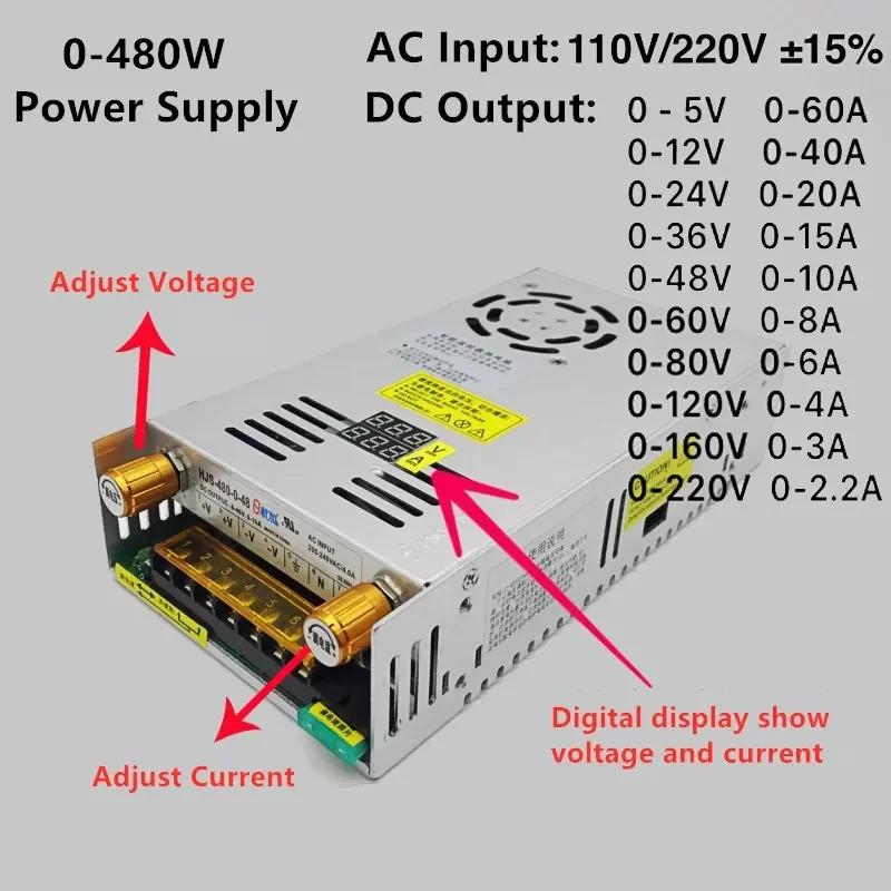 AC DC 5V 12V 24V 36V 48V Adjustable Switching Power Supply 60V 80V 120V 160V 220V 480W With Digital Display Power Supply 12V
AC DC 5V 12V 24V 36V 48V Adjustable Switching Power Supply 60V 80V 120V 160V 220V 480W With Digital Display Power Supply 12V