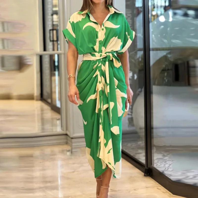 S-3xl Printed Lapel Short Sleeve Dress 2023 New Fashion Temperament High Waist Middle Length Beach Shirt Skirt Wholesale
S-3xl Printed Lapel Short Sleeve Dress 2023 New Fashion Temperament High Waist Middle Length Beach Shirt Skirt Wholesale
