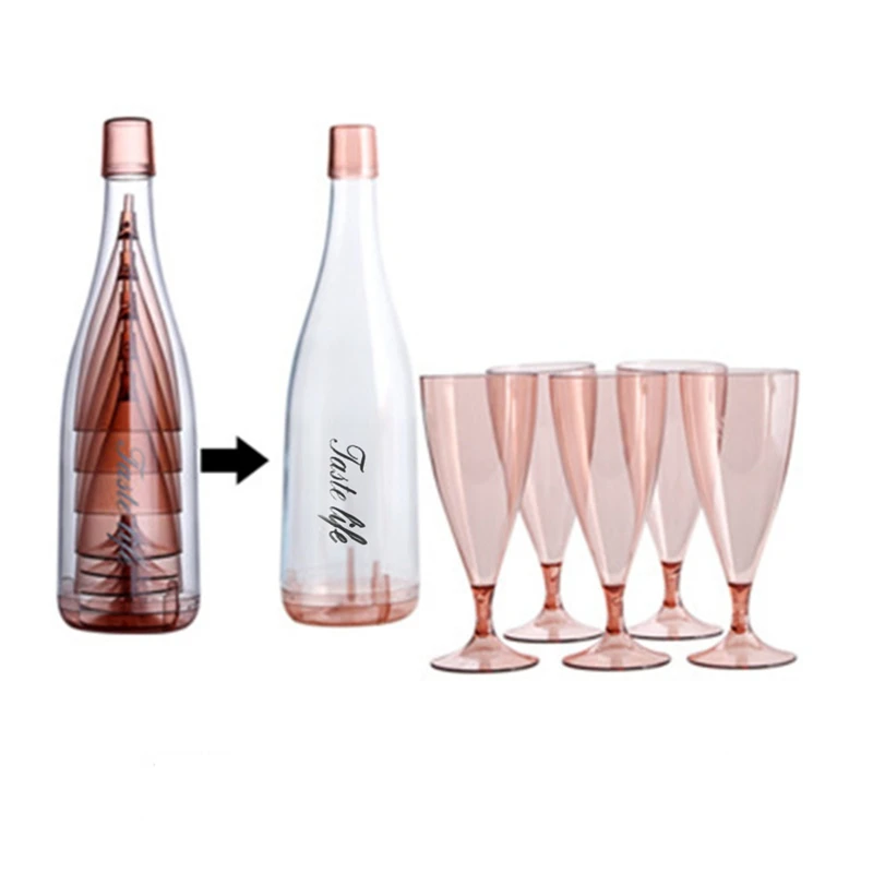 

5PC Plastic Wine Glasses Bar Goblet Champagne Glass Cold Drink Juice Glass Cocktail Stemware with Storage Container-Pink