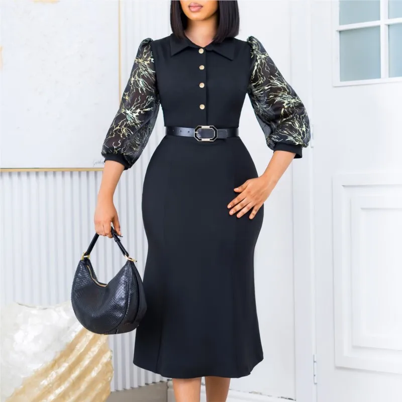 Black+Belt Fashion Party Dress For Women Beautiful Elegant Polo Collar Button 3/4 Sleeve Print Commuter Office Lady Vesidos
Black+Belt Fashion Party Dress For Women Beautiful Elegant Polo Collar Button 3/4 Sleeve Print Commuter Office Lady Vesidos