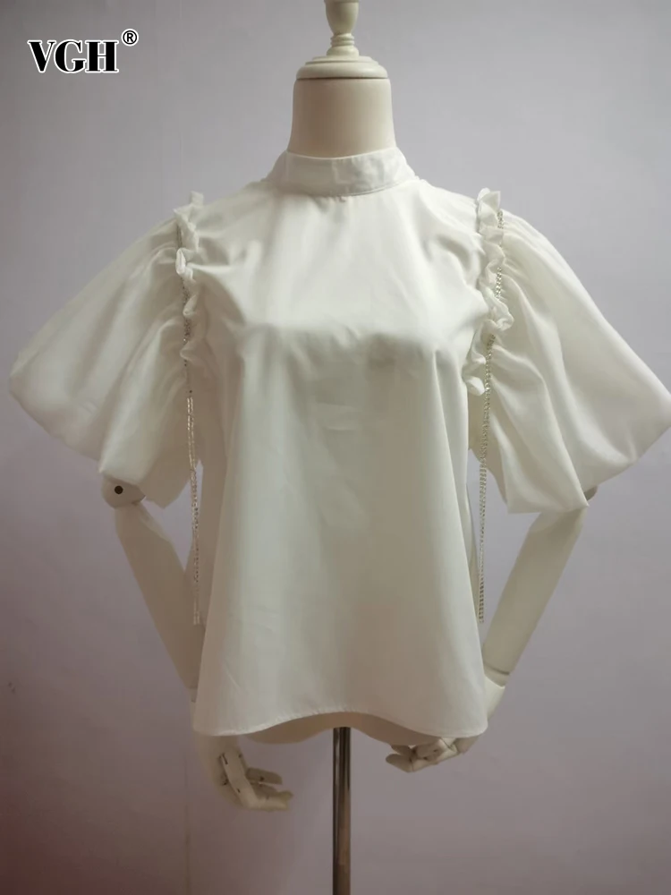 VGH Casual Solid Shirt For Women Stand Collar Loose Short Sleeve Pacthwork Diamonds Tassel Blouses Female Fashion New 2022 Style
VGH Casual Solid Shirt For Women Stand Collar Loose Short Sleeve Pacthwork Diamonds Tassel Blouses Female Fashion New 2022 Style