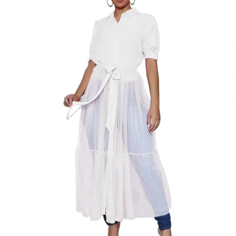 Elegant Turn-down Collar Button Shirt Dress Turn-down Collar Half Sleeve Solid Color Sexy Sheer Mesh Splicing Long Female Dress
Elegant Turn-down Collar Button Shirt Dress Turn-down Collar Half Sleeve Solid Color Sexy Sheer Mesh Splicing Long Female Dress