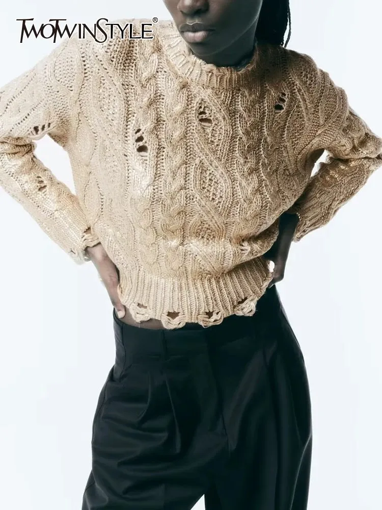 TWOTWINSTYLE Knitting Hollow Out Sweaters For Women Round Neck Long Sleeve Minimalist Casual Sweater Female Fashion Clothing New
TWOTWINSTYLE Knitting Hollow Out Sweaters For Women Round Neck Long Sleeve Minimalist Casual Sweater Female Fashion Clothing New