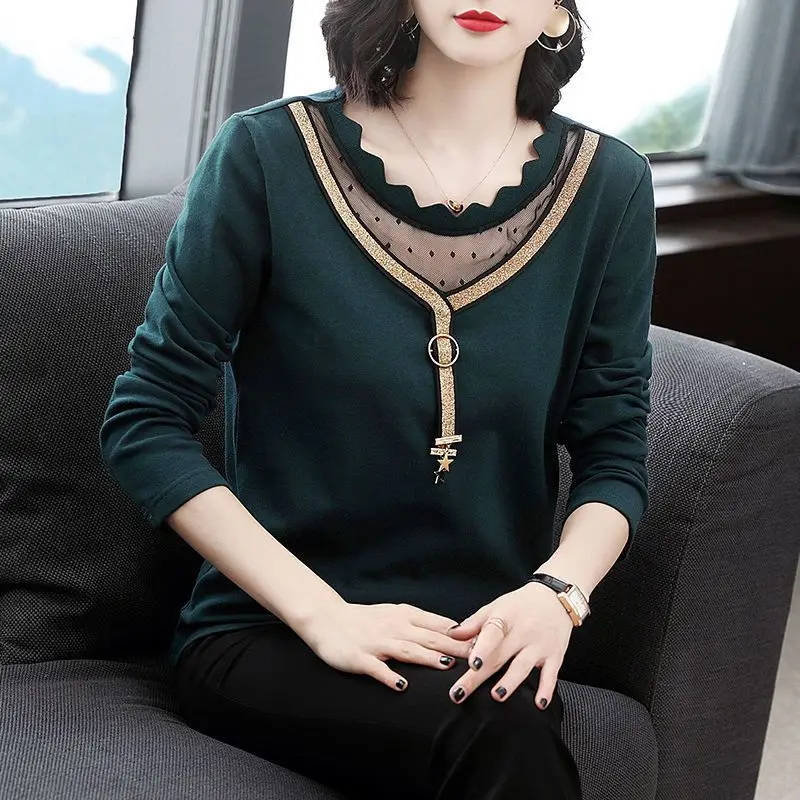 

Женская Однотонная футболка с круглым вырезом, Повседневный Яркий шелковый пуловер из газовой Ткани в стиле пэчворк, базовая одежда для весны и осени