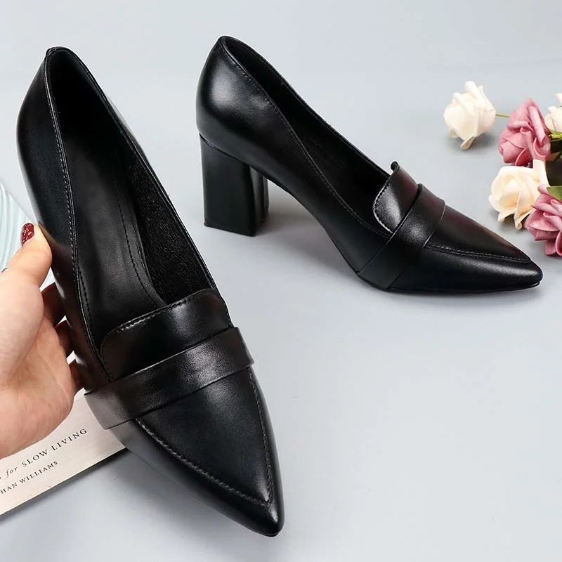 

Новинка 2021, черные рабочие женские туфли на толстом каблуке, кожаные туфли на высоком каблуке, профессиональная рабочая обувь, удобные туфл...