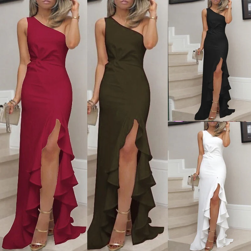 

Fashion Asymmetrical Dress Women Sexy Elegant Skew Neck Off Shoulder Sleeveless Split Ruffle Flare Maxi Dress for Evening Party