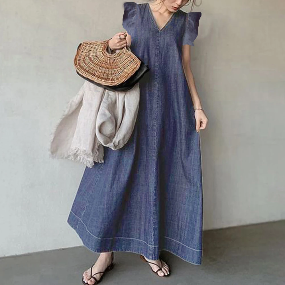 One Piece Dress For Women Cap Sleeve V-Neck Patchwork Ankle-Length Plain Ladies Clothing Elegant A Line Chic Summer Denim Dress
One Piece Dress For Women Cap Sleeve V-Neck Patchwork Ankle-Length Plain Ladies Clothing Elegant A Line Chic Summer Denim Dress