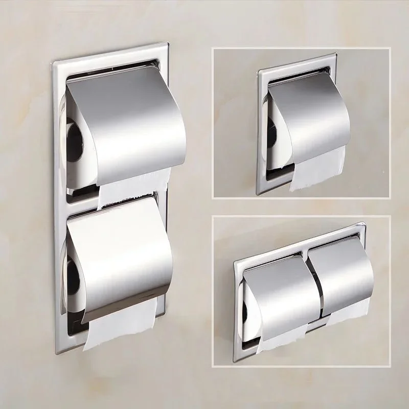 

Single/Double Stainless Steel Toilet Paper Box Home Hotel Bathroom Wall-mounted Concealed Roll Paper Holder Rack Tissue Box