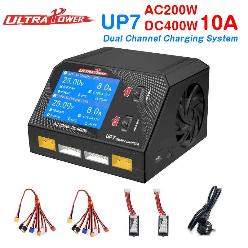 Зарядное устройство UltraPower UP7 AC200W DC400W 10A x 2, Двухканальное балансирующее устройство, зарядное устройство для Lipo LiHV Lilon LiFe RC моделей, аккумулятор
Зарядное устройство UltraPower UP7 AC200W DC400W 10A x 2, Двухканальное балансирующее устройство, зарядное устройство для Lipo LiHV Lilon LiFe RC моделей, аккумулятор