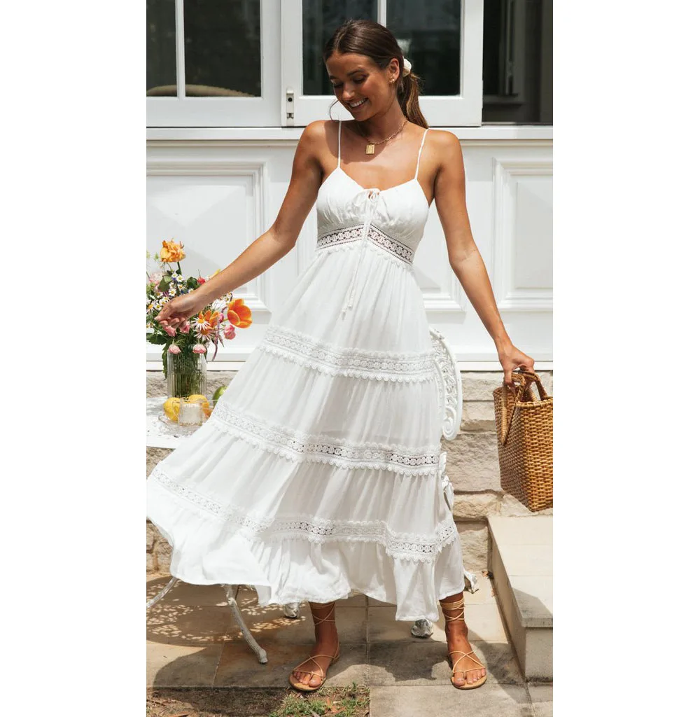 

White Spaghetti Straps Dress Elegant 2023 Summer Women Holiday Hollow Out Long Beach Sundress Soft Smock Split Vestido