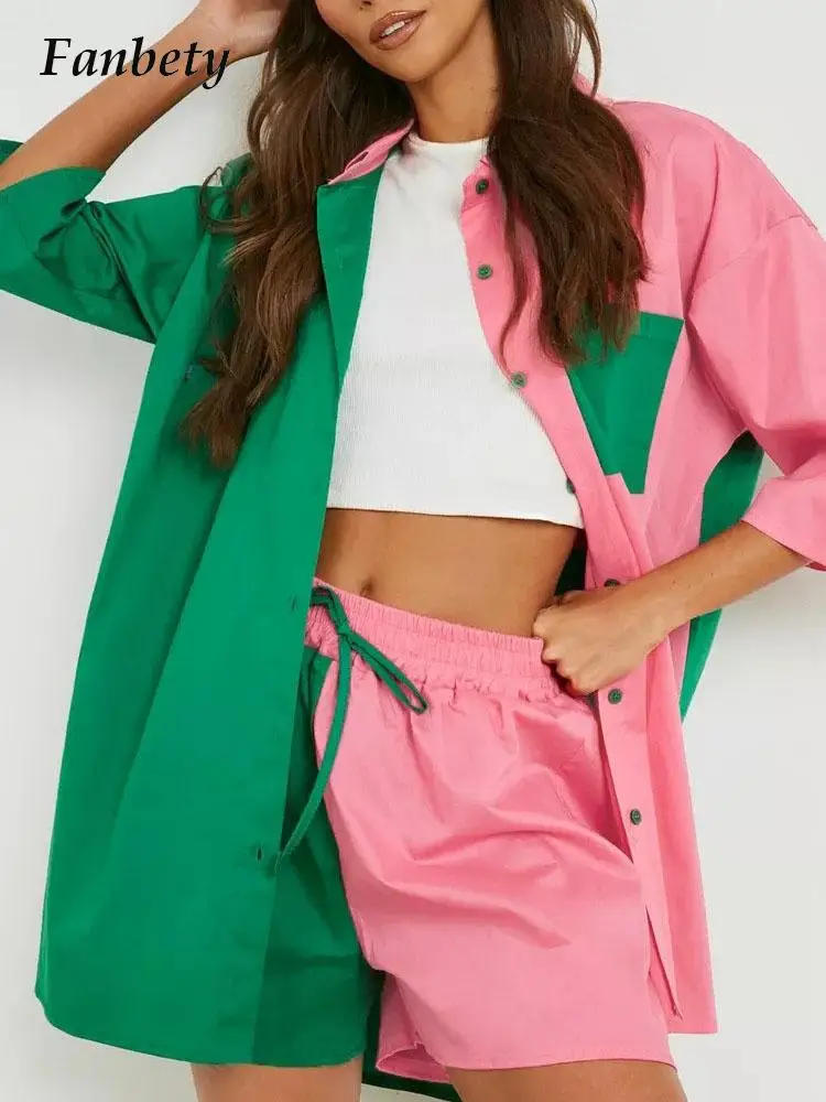 Summer Fashion Colorful Patchwork Shirts Shorts Suits Casual Women Loose Button Shirt + Tie-Up Elastic Short Pants Two Piece Set
Summer Fashion Colorful Patchwork Shirts Shorts Suits Casual Women Loose Button Shirt + Tie-Up Elastic Short Pants Two Piece Set