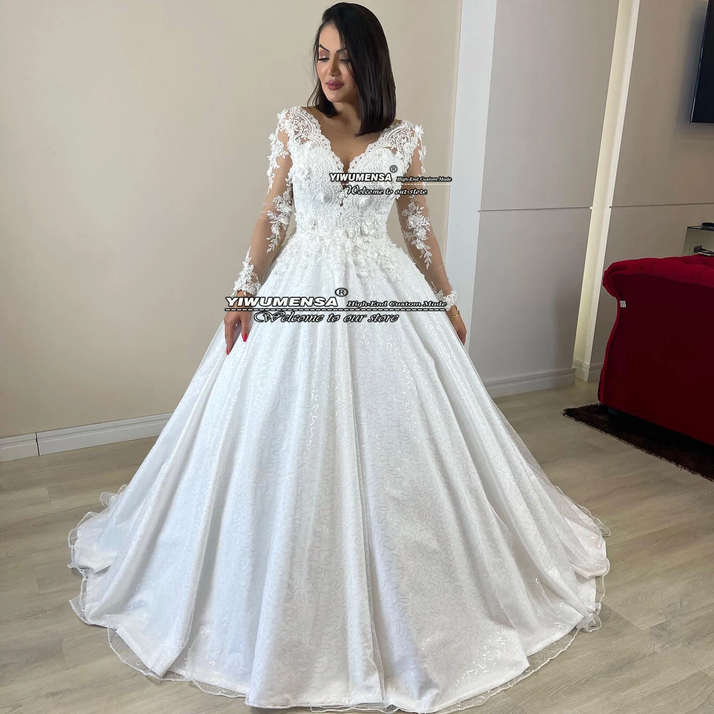 

Роскошное Свадебное платье с V-образным вырезом, белые блестящие кружевные свадебные платья с аппликацией и блестками, пикантные Свадебные ...