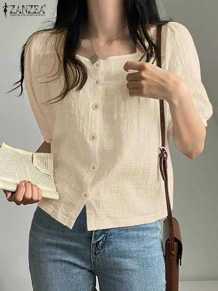 

ZANZEA Solid Short Puff Sleeve Blouse Textured Square Neck Women Loose Tops Korean Style Casual Buttons 2023 Fashion Tunic Shirt