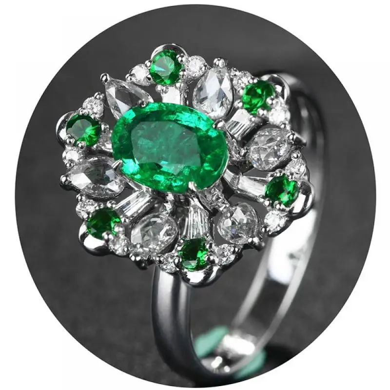 

HOYON Luxury Jade Women's Ring Tsavorite Green Snowflake Diamond Gemstone Ring Adjustable Ring S925 Silver Color Jewelry Gift