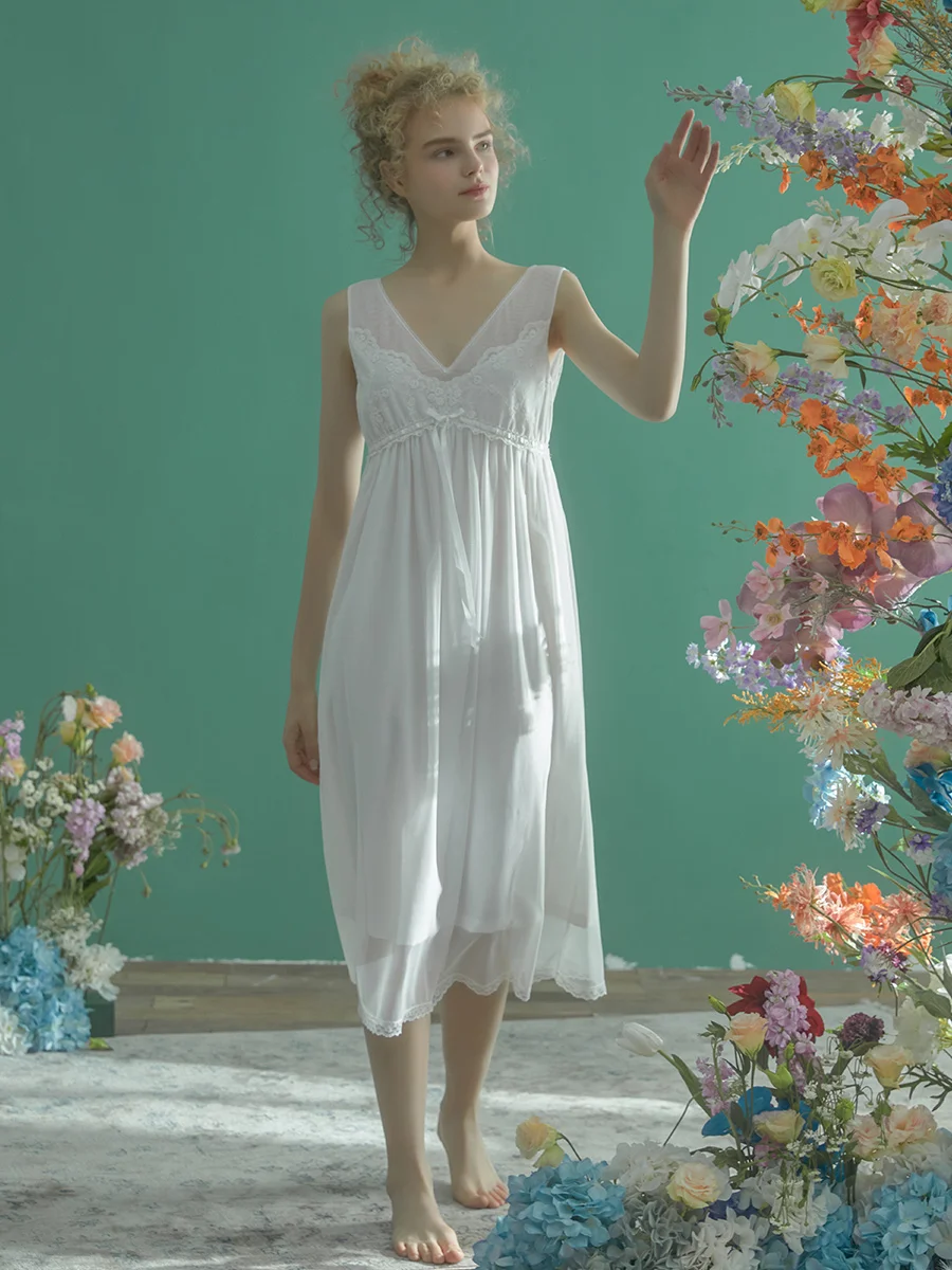 

Summer Modal Gauze Vintage Sleeveless Sleepwear Elegant Female Princess White Lace Long Nightgowns Loose Royal Nightwear