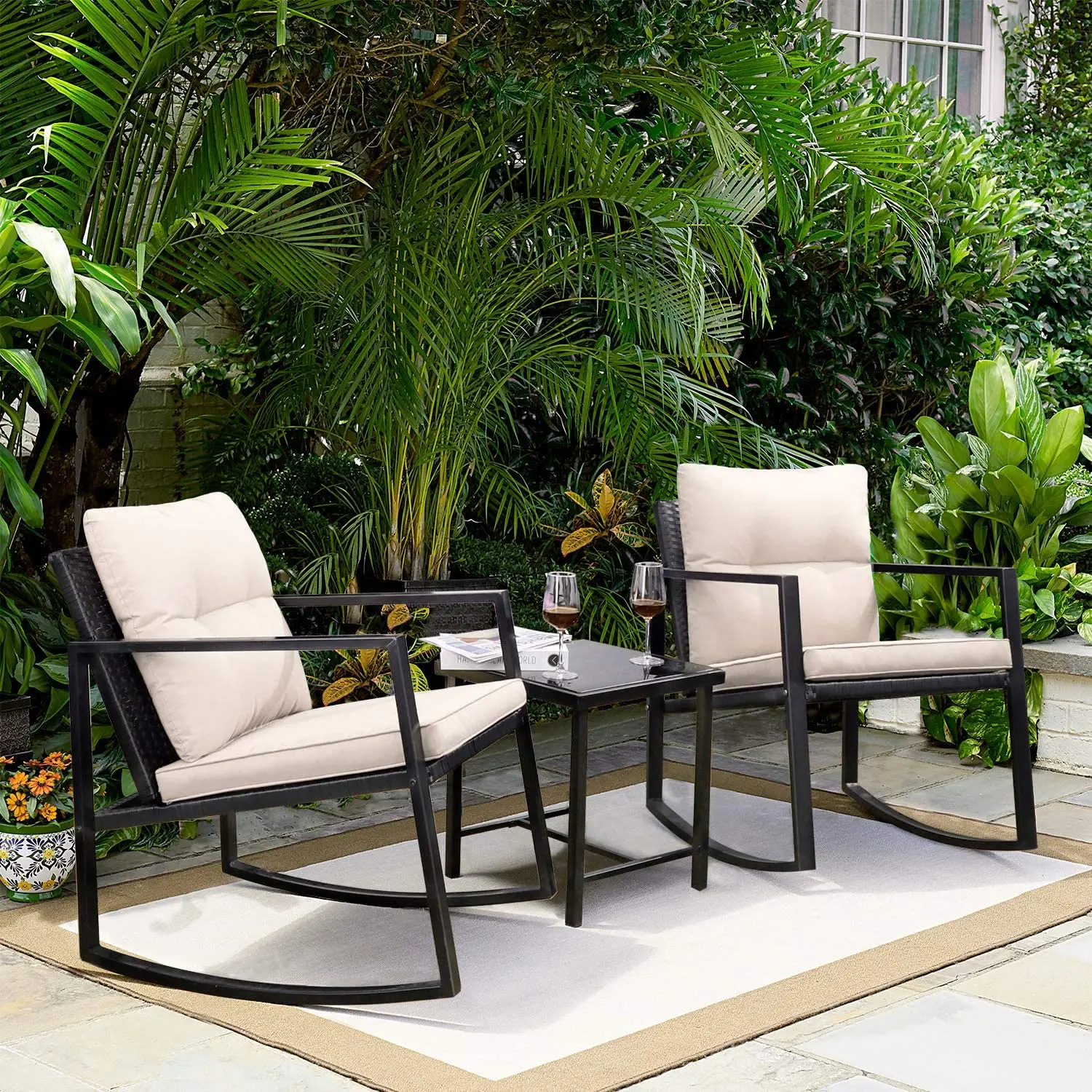 3 Pieces Rocking Wicker Bistro Set, Patio Outdoor Furniture Conversation Sets with Porch Chairs and Glass Coffee Table
3 Pieces Rocking Wicker Bistro Set, Patio Outdoor Furniture Conversation Sets with Porch Chairs and Glass Coffee Table