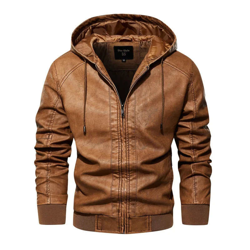 Casual Men's Leather Hooded Jacket Stand Collar PU Faux Leather Zip-Up Motorcycle Bomber Jacket 2023 Winter Warm Coat
Casual Men's Leather Hooded Jacket Stand Collar PU Faux Leather Zip-Up Motorcycle Bomber Jacket 2023 Winter Warm Coat
