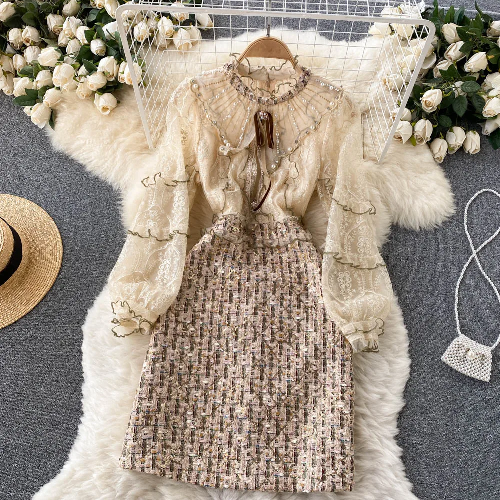 Women's Runway Fashion Spring Autumn Long Mesh Sleeve Pearl Bead Vintage Dress Female High Waist Chic Party A-Line Dress TB2274
Women's Runway Fashion Spring Autumn Long Mesh Sleeve Pearl Bead Vintage Dress Female High Waist Chic Party A-Line Dress TB2274