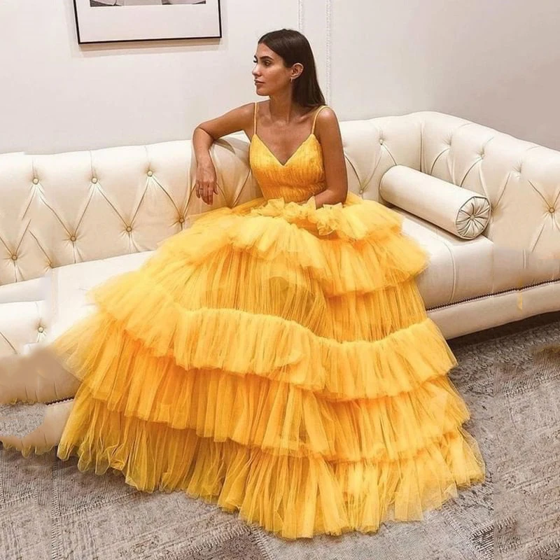 Spaghetti Straps Tull Vestidos De Fiesta A-Line Doric Sweetheart Long Prom Dresses Elegant Yellow Tiered Evening Dress
Spaghetti Straps Tull Vestidos De Fiesta A-Line Doric Sweetheart Long Prom Dresses Elegant Yellow Tiered Evening Dress
