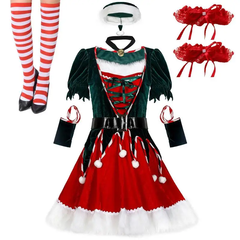 Sexy Santa Dress Women Christmas Costume Set With Striped Tights Women's Santa Suit Christmas Fancy Dress Costume With Dress
Sexy Santa Dress Women Christmas Costume Set With Striped Tights Women's Santa Suit Christmas Fancy Dress Costume With Dress