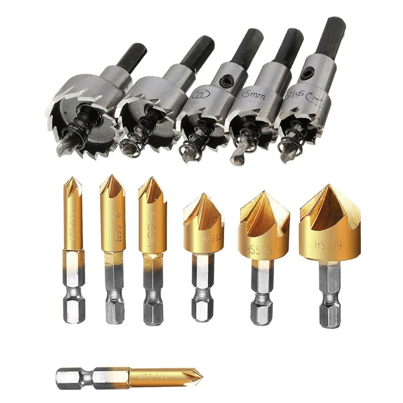 5Pcs HSS Drill Bit Hole Saw Set Stainless Steel 16-30Mm & 6 X 5 Flute 90Degree 1/4Inch Hex HSS Countersink Drill Bit Set
5Pcs HSS Drill Bit Hole Saw Set Stainless Steel 16-30Mm & 6 X 5 Flute 90Degree 1/4Inch Hex HSS Countersink Drill Bit Set