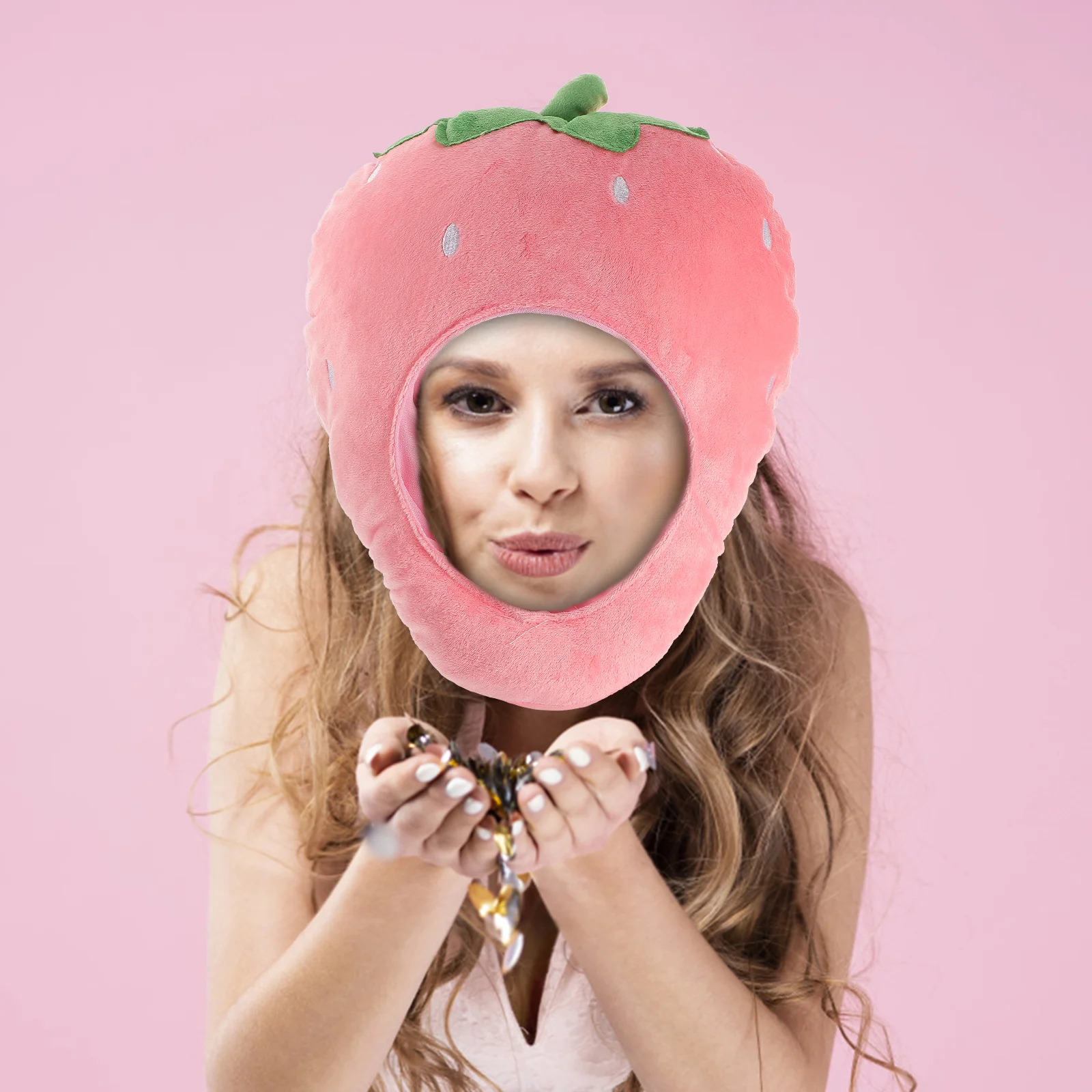 

Plush Strawberry Hat Stuffed Fruits Headgear Strawberry Hood Party Cosplay Costume Prop