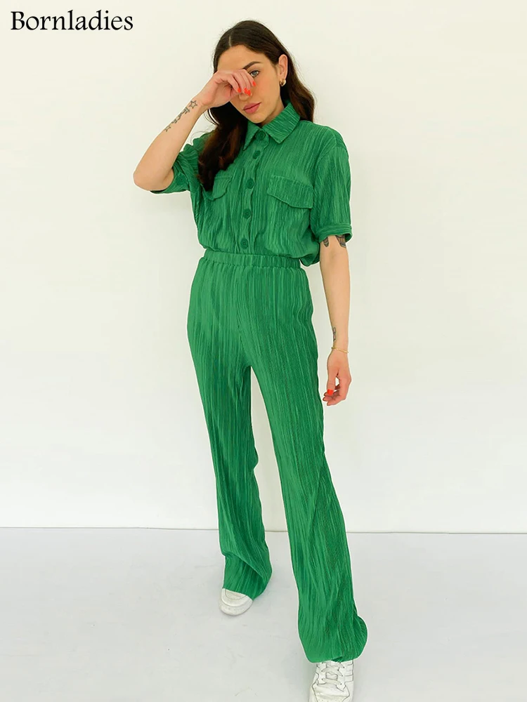 Bornladies Pleated Office 2 Piece Women Pants Sets Lapel Shirts and Wide Leg Long Trousers Suits Ladies Green Outfits Fashion
Bornladies Pleated Office 2 Piece Women Pants Sets Lapel Shirts and Wide Leg Long Trousers Suits Ladies Green Outfits Fashion