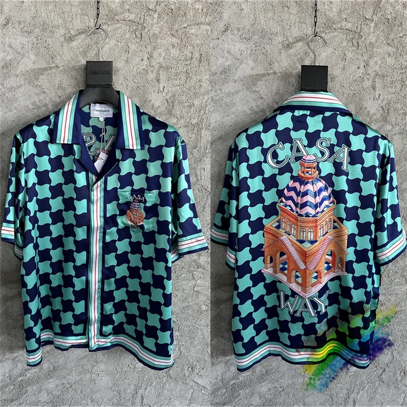 

Blue check Casablanca Silk Shirt Castle Printing Streetwear Men Women 1:1 Best Quality Short Sleeve Hawaii Beach Shirts