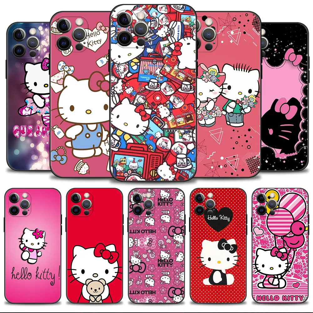 

Phone Case for iPhone 14 13 11 12 Pro Max 7 8 6 6S Plus XS XR X 13mini 12mini Silicone Cover Hello Kitty Pink Flower Red Bowknot
