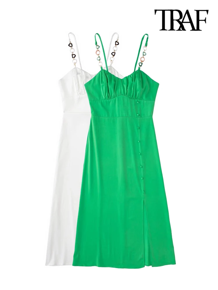 TRAF Women Fashion With Chain Front Slit Satin Gathered Midi Dress Vintage Backless Zipper Thin Straps Female Dresses Vestidos
TRAF Women Fashion With Chain Front Slit Satin Gathered Midi Dress Vintage Backless Zipper Thin Straps Female Dresses Vestidos