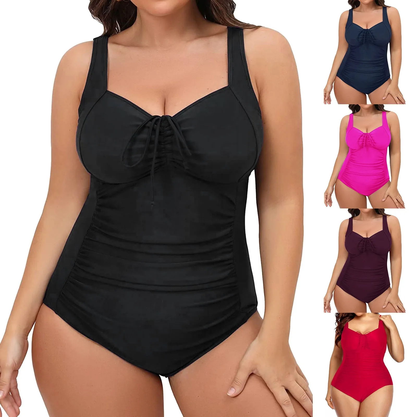 

One Piece Women Plus Size Swimsuits Tummy Control Swimwear Bathing Suit Ruched Monokini Vintage Solid Color Summer Beachwear