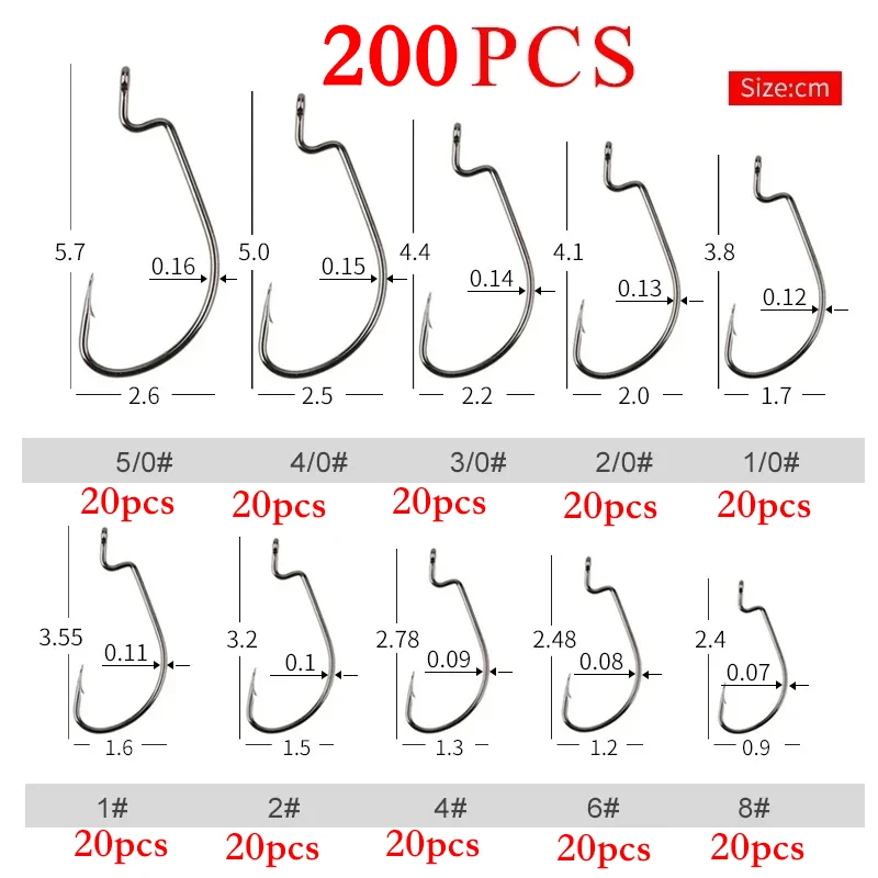 200pcs/lot 10 models Mixed Fish Soft worm hook High carbon steel wide Super lock hook Bait Soft hook 1#2#4#6#8#-5/0 tackle
200pcs/lot 10 models Mixed Fish Soft worm hook High carbon steel wide Super lock hook Bait Soft hook 1#2#4#6#8#-5/0 tackle