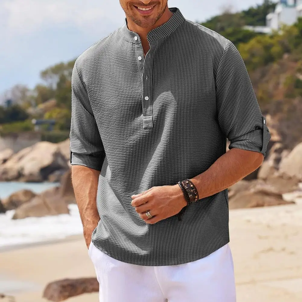 

Cufflink Sleeve Men Shirt Stylish Stand Collar Men's Shirt Buttoned Long Sleeve Cufflinks Plus Size Soft Casual Slim for Fall