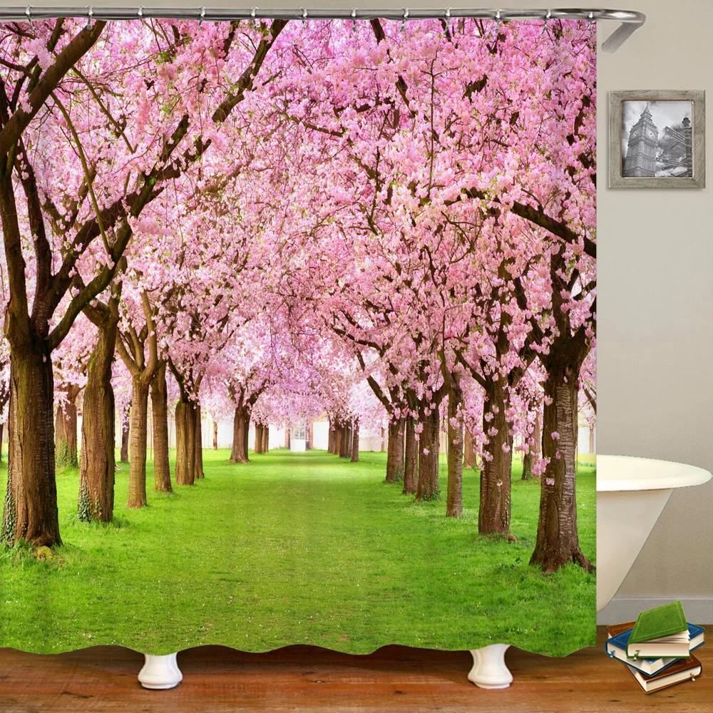 

Cherry Blossom Tree Flower Nature Landscape Shower Curtain Bathroom Polyester Waterproof Fabric Curtains Home Bathtub Decor