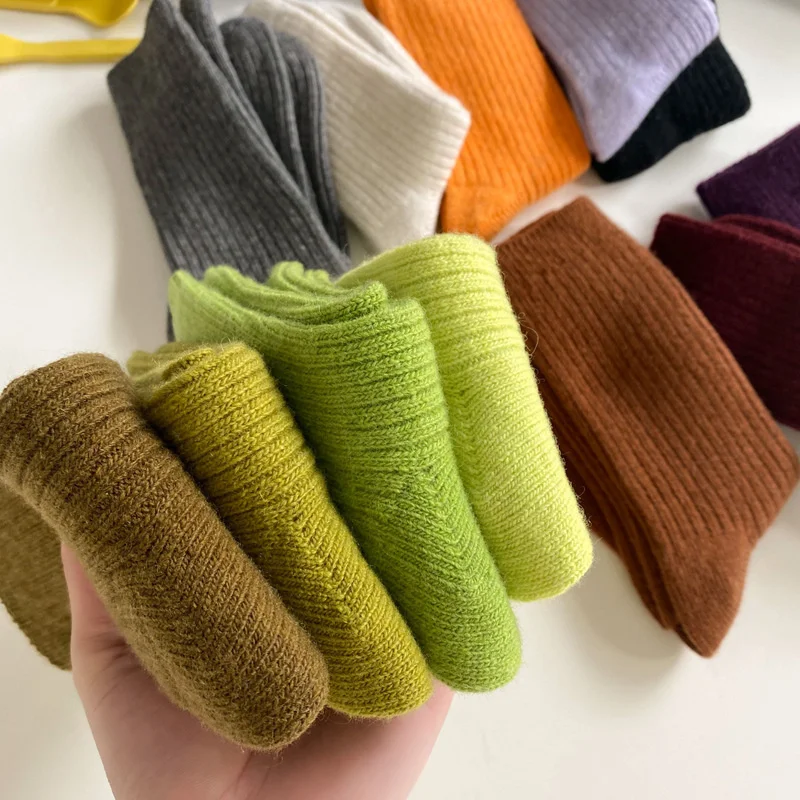 

CHAOZHU Thicken Warm Merino Wool Classic Loose Crew Fashion Japanese Korea Sock Winter Solid Colors Rib Socks Women High Quality