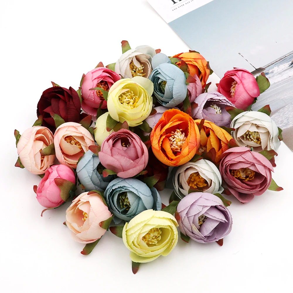 

5Pcs 4CM Tea Rose Bud Artificial Flower Heads For Home Wedding Decora DIY Wreath Gift Box Scrapbooking Crafts Silk Fake Flowers