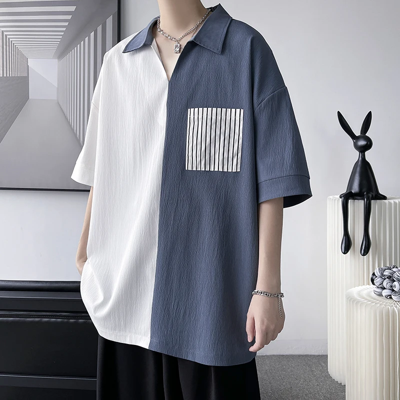 2022 Men Striped Pockets Patchwork Shirts Streetwear V-neck Tops Half Sleeve Fashion Shirts Casual Camisas Black/Lake blue
2022 Men Striped Pockets Patchwork Shirts Streetwear V-neck Tops Half Sleeve Fashion Shirts Casual Camisas Black/Lake blue