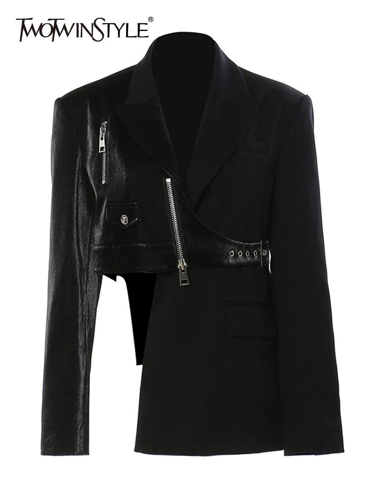 TWOTWINSTYLE Asymmetrical Straight Solid Blazers Female Notched Long Sleeve Spliced Leather Chic Blazer For Women Clothing 2023
TWOTWINSTYLE Asymmetrical Straight Solid Blazers Female Notched Long Sleeve Spliced Leather Chic Blazer For Women Clothing 2023