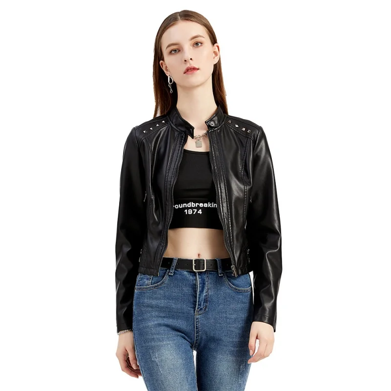 2023 Women's New Rivet Leather Clothes Women's Spring and Autumn Jacket Long Sleeve Women's Jacket Mock Neck Fashion Jacket
2023 Women's New Rivet Leather Clothes Women's Spring and Autumn Jacket Long Sleeve Women's Jacket Mock Neck Fashion Jacket