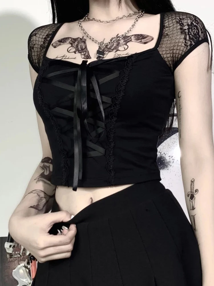 Vintage Tops Goth T-shirt Women Bodycon Bandage Lace Black T-shirts Gothic Streetwear Sexy Female Top Casual Mesh Tee
Vintage Tops Goth T-shirt Women Bodycon Bandage Lace Black T-shirts Gothic Streetwear Sexy Female Top Casual Mesh Tee