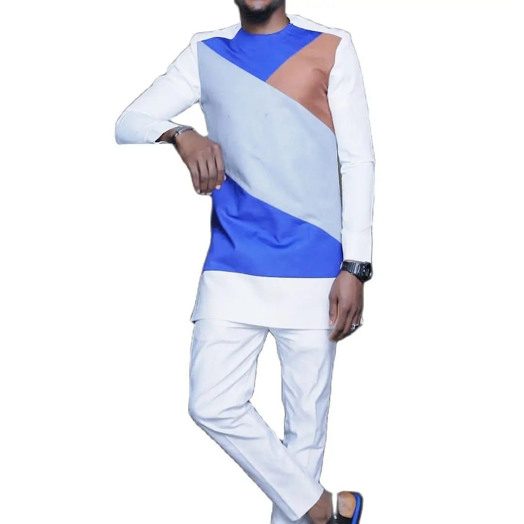 Gray/Blue/Brown Patchwork Tops Men's Shirt With Solid White Pant Sets Male Groom Suits African Wedding Nigerian Fashion Outfits
Gray/Blue/Brown Patchwork Tops Men's Shirt With Solid White Pant Sets Male Groom Suits African Wedding Nigerian Fashion Outfits
