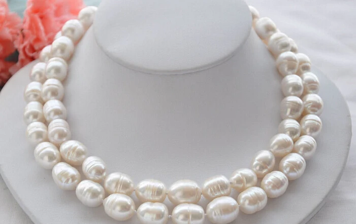 

HOT Wholesale Huge 2strands 11-12mm white rice FRESHWATER CULTURED pearl necklace