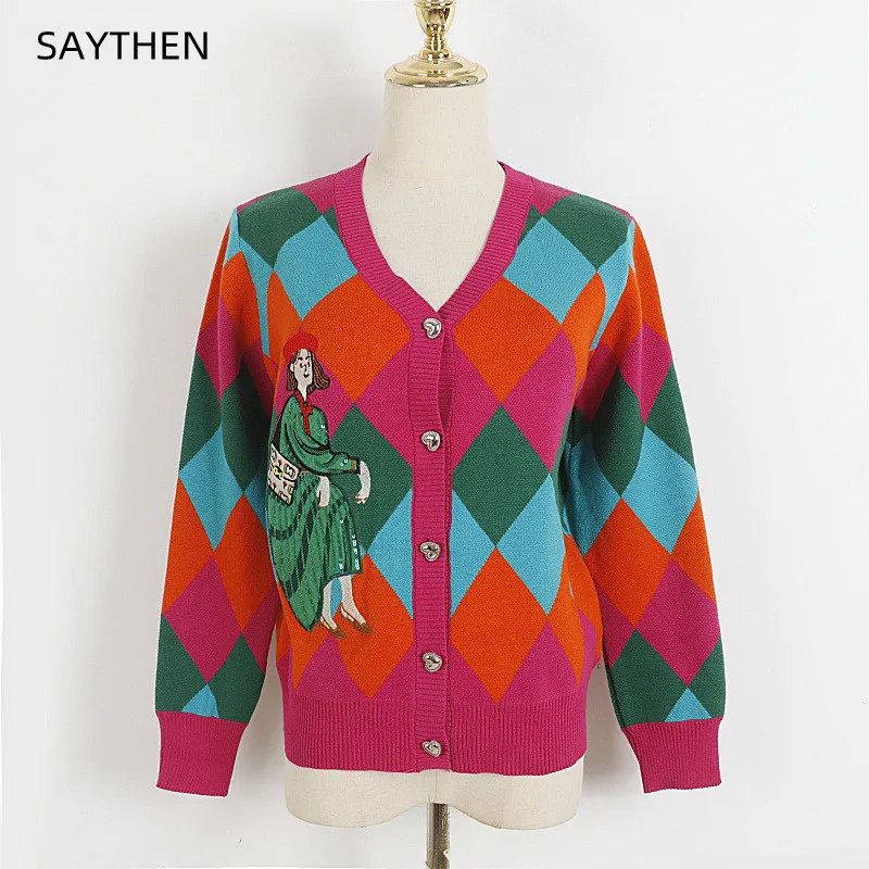SAYTHEN Women Sweet Mixed Color Diamond Cardigan Autumn Winter Vintage Cartoon Girl Embroidery Round Neck Sweater Pullover Tops
SAYTHEN Women Sweet Mixed Color Diamond Cardigan Autumn Winter Vintage Cartoon Girl Embroidery Round Neck Sweater Pullover Tops