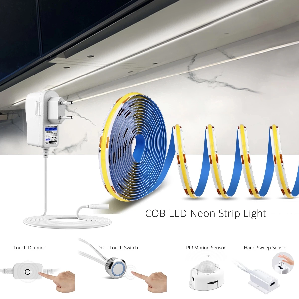 COB Led Strip Tape Light 12V 320 leds/m Width 8mm with Adapter Cabinet Door Touch Dimmer Hand Sweep PIR Motion Sensor Switch
COB Led Strip Tape Light 12V 320 leds/m Width 8mm with Adapter Cabinet Door Touch Dimmer Hand Sweep PIR Motion Sensor Switch