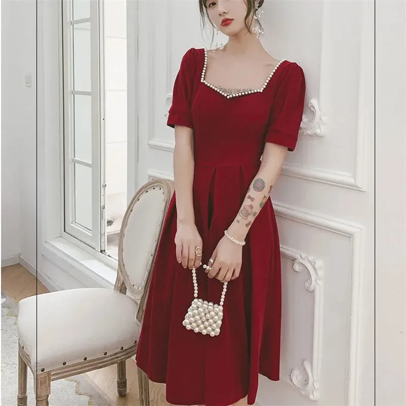 Dress Women's Summer Solid Color Square Collar Nailed Beads Short Sleeve Mid-length A-line Skirt Temperament Female Clothing 002
Dress Women's Summer Solid Color Square Collar Nailed Beads Short Sleeve Mid-length A-line Skirt Temperament Female Clothing 002