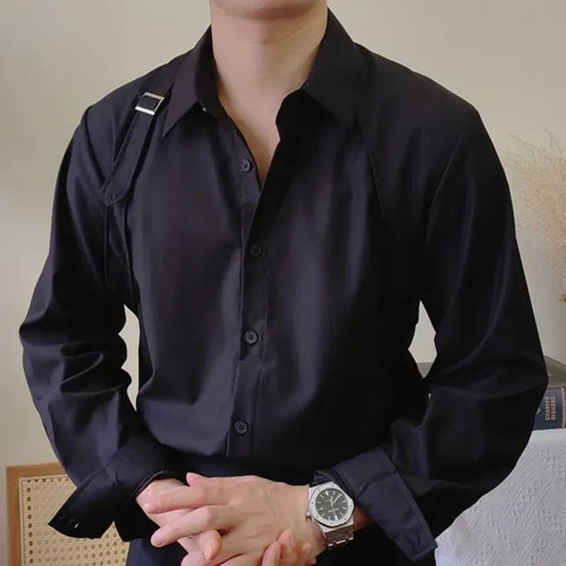 

Tuxedo Shirt Social Shoulder Strap Splicing Metal Button Design Men's British Fashion Slim Shirt Trend Men Long Sleeve Shirt