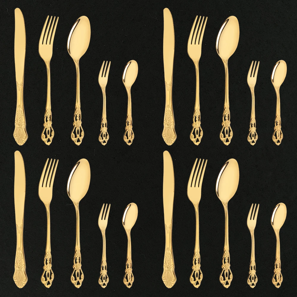 Vintage Western Mirror Gold Cutlery Tableware Set 20Pcs Dining Flatware Knife Cake Fork Teaspoon Luxury Dinnerware Set Engraving
Vintage Western Mirror Gold Cutlery Tableware Set 20Pcs Dining Flatware Knife Cake Fork Teaspoon Luxury Dinnerware Set Engraving