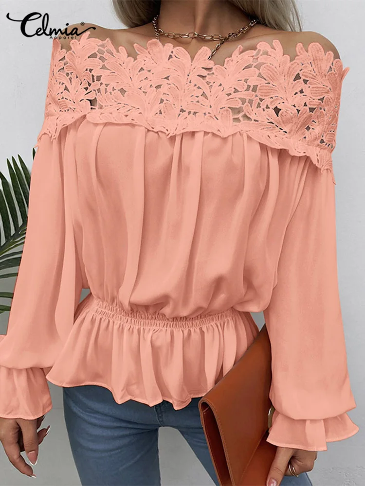 Celmia Women Elegant Tunic Tops Summer Lace Stitching Fashion Sexy Off Shoulder Blouses Waisted Long Sleeve Solid Peplum Shirts
Celmia Women Elegant Tunic Tops Summer Lace Stitching Fashion Sexy Off Shoulder Blouses Waisted Long Sleeve Solid Peplum Shirts