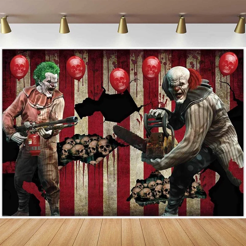 

Halloween Eve Clown Photography Backdrop Horror Creepy Scary Background Carnival Birthday Party Hallowmas Skull Balloons Decor